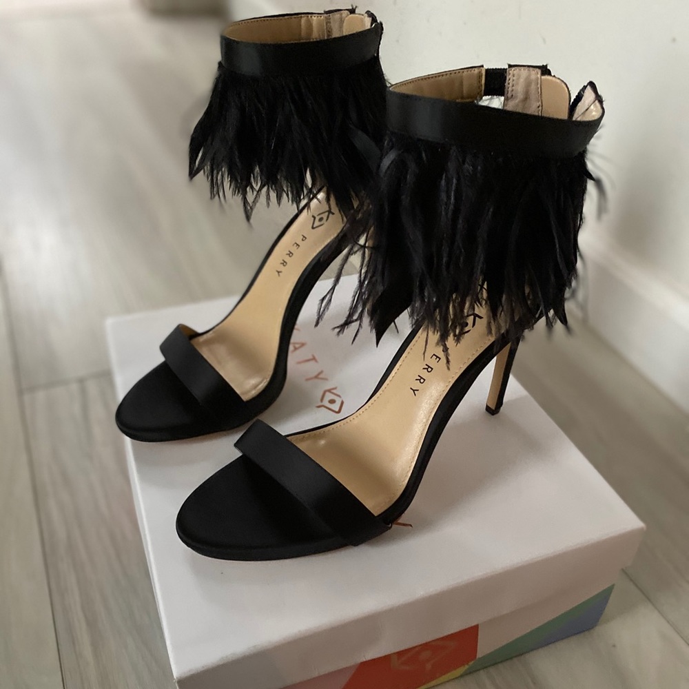 Katy Perry Black Satin Feather Strap Heel
